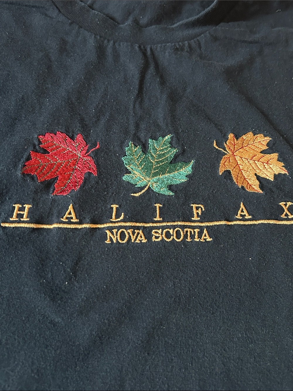 Vintage Halifax Nova Scotia Black T-Shirt with Red, Green & Gold Leaf Embroidery
